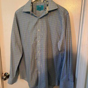 Christian Aujard Men’s Button Down Shirt Blue Green Plaid Paisley Trim - Size L